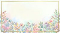 Soft watercolor floral border with pastel leaves and flowers framing a golden rectangle, perfect blank space for text or greeting card design.