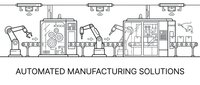 Automated manufacturing assembly line with robotic arms and industrial machinery for smart factory production processes and Industry 4.0 solutions.