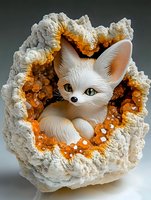 White fennec fox cub nestled inside crystal geode cave with glowing orange mineral formation and crystalline details, magical fantasy art style illustration.