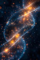 Glowing cosmic spiral with orange and blue particles swirling through dark space, creating mesmerizing galaxy-like formation with luminous dust and light effects.
