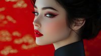 Asian woman with red lipstick and dramatic eye makeup in profile view against vibrant red background with golden cloud patterns. Traditional elegant hairstyle and black garment.