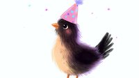 Cute cartoon bird wearing purple party hat with fluffy black feathers and pink cheeks on white background, festive character design for greeting cards and party invitations.