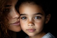 Mixed race young girl with freckles and striking blue eyes in dramatic lighting, close up portrait with mother showing tender affection and emotional connection.
