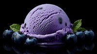 Creamy purple blueberry ice cream scoop garnished with fresh ripe blueberries and mint leaves on dark background, showcasing rich dairy dessert texture.