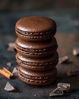 Stack of chocolate macarons with ganache filling on dark background, surrounded by chocolate pieces and cinnamon sticks, moody food photography styling.