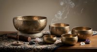 Tibetan singing bowls set with burning incense creating peaceful meditation atmosphere for sound healing therapy and mindfulness practice sessions.