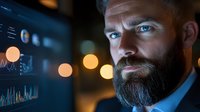 Bearded Caucasian businessman analyzing financial data on digital screens at night. Bokeh lights and blue interface glow create dramatic corporate atmosphere.