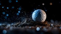 Golf ball with dramatic water splash and bokeh lights creating dynamic sports action scene on dark background for athletic marketing materials.
