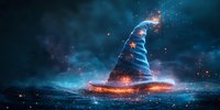 Magical wizard hat glowing with mystical blue light and sparkles floating above reflective surface against dark ethereal background with luminous particles.