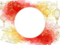 Chinese New Year watercolor frame with golden lanterns and traditional cloud patterns on red background for festive greeting cards and celebrations.