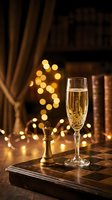 Elegant champagne flute filled with sparkling wine on wooden tray with warm bokeh lights creating festive atmosphere for celebration and luxury dining.