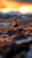 Majestic male lion standing on rocky outcrop against dramatic sunset sky, golden light illuminating his mane as he surveys African savanna landscape below.