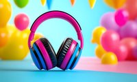Modern pink and blue wireless headphones on pastel background with colorful blurred bokeh lights, music entertainment concept for audio listening and sound technology.
