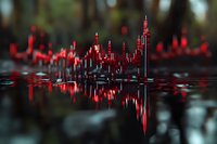 Red glowing city skyline reflection creates abstract mirror effect on dark water surface with bokeh lights, modern urban nightscape visualization.
