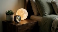 Cozy bedroom nightstand with glowing moon lamp, small succulent plant and alarm clock creating warm ambient lighting for relaxation and sleep.