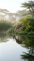 Graceful antelope drinking from tranquil waterhole with perfect reflection in misty dawn light surrounded by acacia trees and lush vegetation in natural habitat.