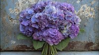 Purple and blue hydrangea bouquet with fresh green leaves against rustic metal background, romantic floral arrangement for wedding and home decor.