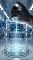 Scientist hand holding pipette with digital data stream flowing into petri dish in modern laboratory for biotechnology research and data analysis.