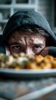 Person in dark hoodie staring intensely at plate of food, depicting hunger, poverty, or food insecurity in modern society.