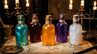 Colorful glass potion bottles with cork stoppers arranged on ancient wooden table with candlelight, mystical alchemy laboratory setting for fantasy themes.