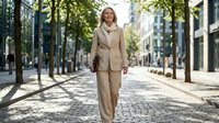Professional businesswoman in beige suit walking confidently down urban street with trees and modern buildings for corporate lifestyle content.