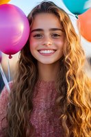 Young woman with freckles and long wavy brown hair smiling brightly, wearing pink sweater surrounded by colorful party balloons in warm sunlight.