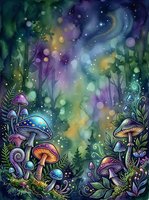 Enchanted forest scene with glowing mushrooms, swirling galaxy sky, and magical bokeh lights. Whimsical woodland setting with bioluminescent fungi and cosmic atmosphere, suitable for fantasy art, book illustrations, and mystical designs.