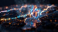 Digital heart with glowing neural networks and data streams for medical technology and healthcare innovation concepts in cardiology research.