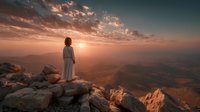 Woman in white dress standing on mountain cliff edge watching golden sunset over desert landscape with dramatic clouds and warm light.