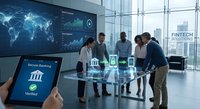 Business team analyzing global fintech data on interactive display in modern office with mobile banking app interface and city skyline view.