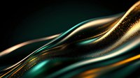 Luxurious abstract waves in dark emerald green and gold colors with glowing particles create elegant flowing curves against black background. Suitable for luxury branding.