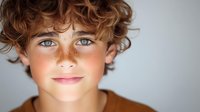 Young person with bright blue eyes, natural freckles, and curly brown hair smiling warmly against light background. Close-up portrait showing genuine expression.