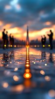 Dramatic urban sunset reflection in rain puddle with silhouettes of people against orange sky and city lights creating magical bokeh effect on wet surface.