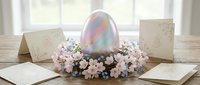 Iridescent Easter egg surrounded by pastel flowers and blank greeting cards on wooden table, spring holiday decoration and celebration concept.