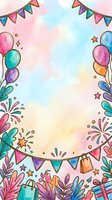 Colorful watercolor celebration frame with balloons, bunting flags, confetti bursts, shopping bags and gift boxes on isolated white background, ready for greeting cards, invitations and party designs.