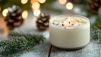 Cozy winter composition with burning candle in white ceramic holder, pine branches and cones against blurred warm lights background on wooden surface.
