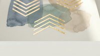 Abstract watercolor background with gold foil chevron arrows in navy blue and sage green tones for modern design projects.