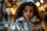 Young girl with curly hair wearing silver winter puffer jacket against blurred bokeh lights background with falling snow, warm evening atmosphere creates magical mood.