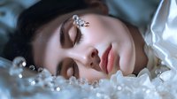 Dreamy close up portrait with crystal decorative elements and soft white fabric creating ethereal atmosphere. Artistic beauty photography with pearls and rhinestones.