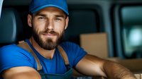 Confident delivery service worker in blue uniform and cap sitting in van with cardboard boxes. Professional courier ready for package distribution.