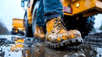 Muddy yellow work boot splashing in wet construction site with heavy machinery in background, dramatic low angle perspective captures rugged industrial atmosphere.