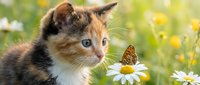 Young tabby kitten with blue eyes observing butterfly on daisy flower in sunny meadow with blurred green grass background, suitable for pet and nature content.