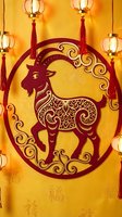 Traditional red paper cut goat zodiac symbol with ornate patterns surrounded by glowing lanterns on golden background for lunar new year celebration.