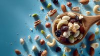 Mixed nuts and dried fruits in wooden bowl on blue background with scattered ingredients for healthy snacking and cooking recipes.