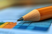 Sharp graphite pencil tip on colorful graph paper background with selective focus, macro view showing wood texture and blue squares pattern for education and planning.