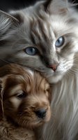 Adorable fluffy kitten with blue eyes cuddling sleeping puppy in tender moment showcasing interspecies friendship and unconditional love between pets.