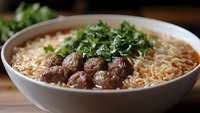 Savory ramen bowl with tender meatballs, fresh herbs and instant noodles in rich broth. Perfect for food blogs, restaurant menus and culinary content.
