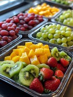 Fresh fruit assortment in plastic containers with strawberries, kiwi, mango chunks, red and green grapes. Healthy meal prep and catering service concept.