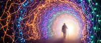 Silhouette walking through futuristic digital tunnel with glowing neon lights and data streams creating portal effect for technology and innovation concepts.