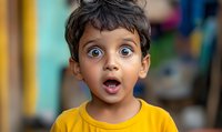Young South Asian boy in yellow t-shirt expressing surprise with wide open eyes and mouth, showing genuine amazement and wonder against blurred background.